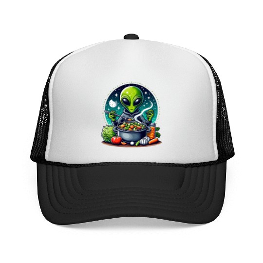 Alien chef cooks vegetable soup Trucker Caps
