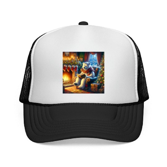Winter Tales-Merry Cozy Bear Reading by Fireplace Trucker Caps
