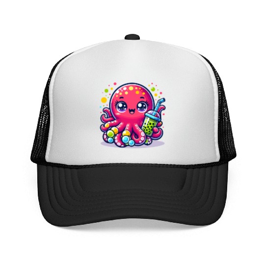 Kawaii Octopus With Bubble Tea Sea Ocean Boba Tea Trucker Caps