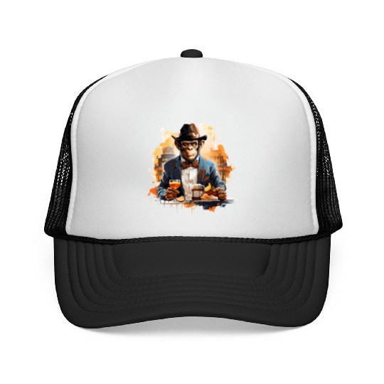 Cool Business Monkey with Drink Chimpanzee Trucker Caps