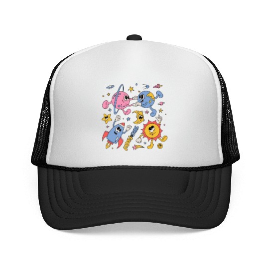 Solar System Planets Moon Sun Saturn Cute Groovy Trucker Caps