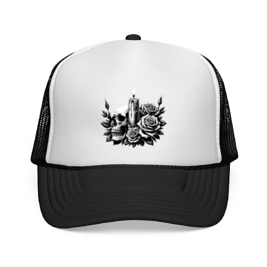 Gothic Skull and Roses Graphic Art Trucker Caps