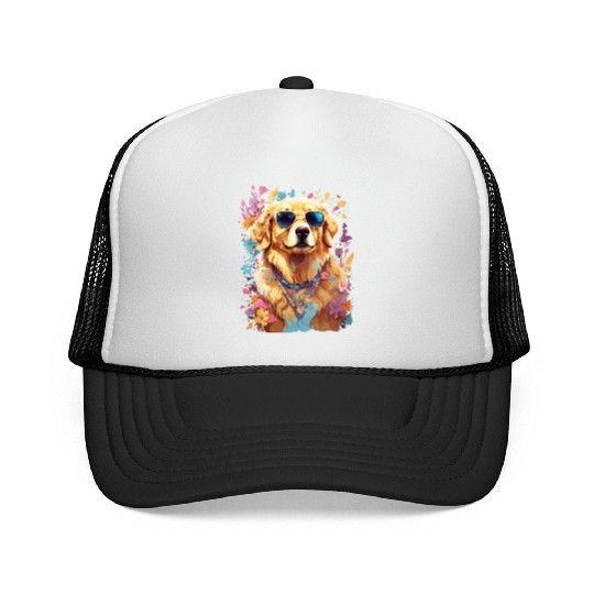 Cool Golden Retriever with Sunglasses and Flowers Trucker Caps