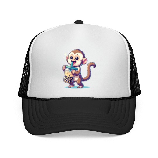 Kawaii Bubble Tea Boba Cappuccino Monkey Trucker Caps