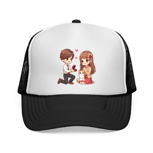 A Man proposing beautiful girl on Valentine s day Trucker Caps