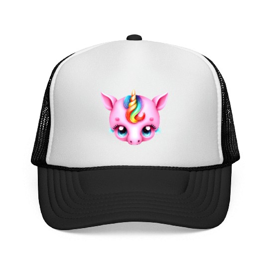 Pink Baby Rainbow Unicorn Head Trucker Caps