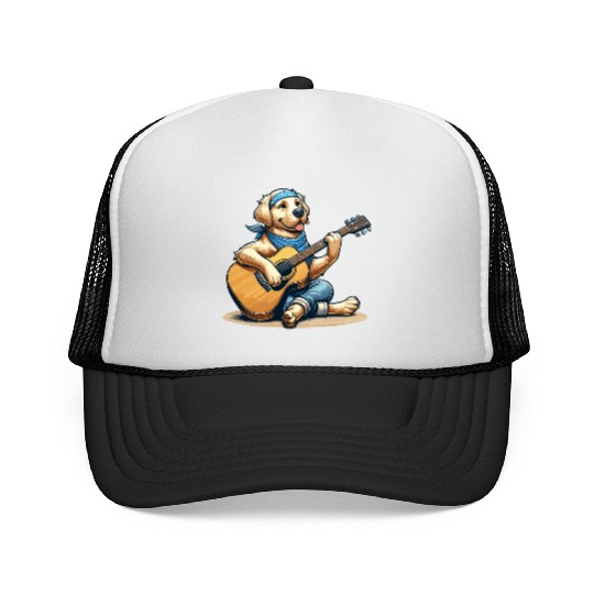 Golden Retriever playing Guitar Trucker Caps