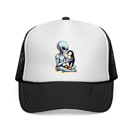 Alien Embracing Penguin Trucker Caps