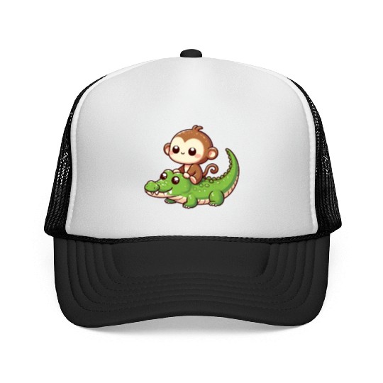 Cute Monkey Riding Crocodile Trucker Caps