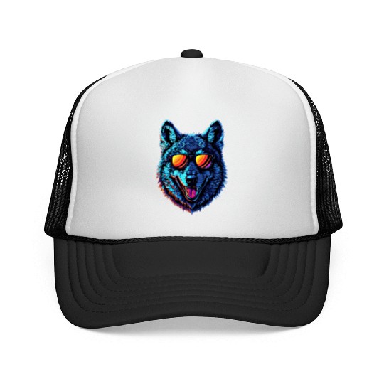 Cool Wolf Face Blue Wolf Wearing Sunglasses Trucker Caps