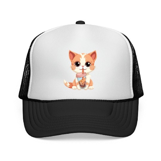 Cat Boba Tea Bubble Tea Anime Kawaii Neko Trucker Caps