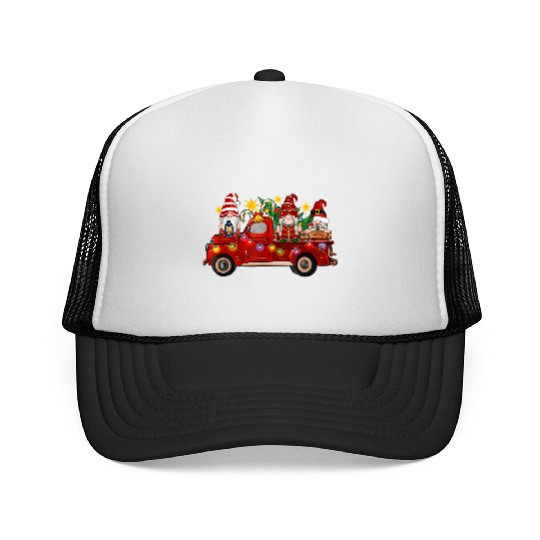 Three Gnomes In Red Truck Trucker Caps