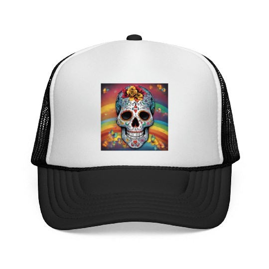 A Sugar Skull pastel colors & Rainbow Trucker Caps