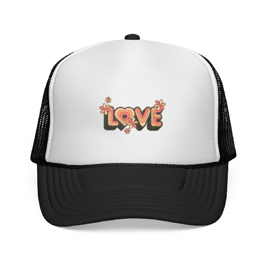 1960s Retro Hippie Floral Love Design Trucker Caps