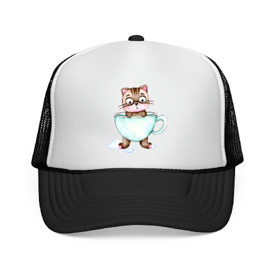 Surprised Silly Cat Wearing Coffee Cup Trucker Caps