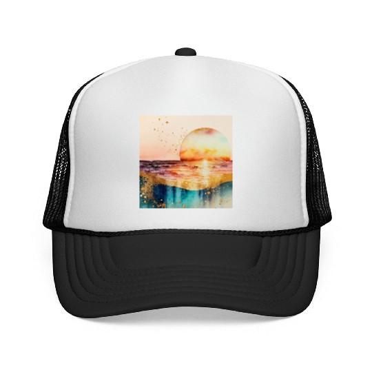 Sunset Beach Watercolor Painting Trucker Caps