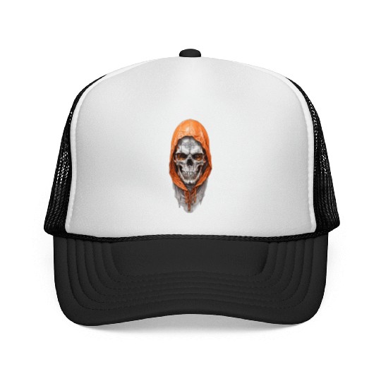 Default A skull in an orange hoodi ultra realistic Trucker Caps