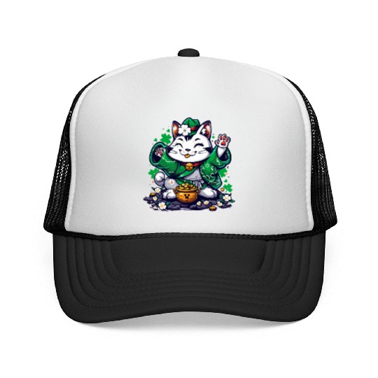 Kawaii St Patricks Day Cat With a Pot Of Gold Trucker Caps