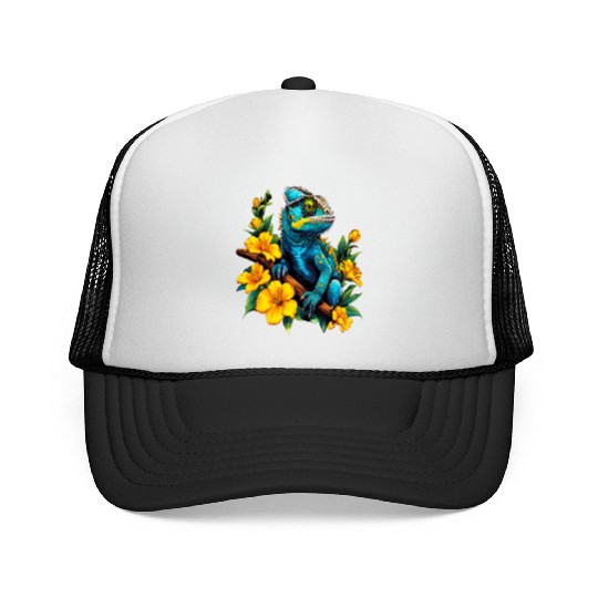 Chameleon on a Branch Surrounded by Flowers Trucker Caps