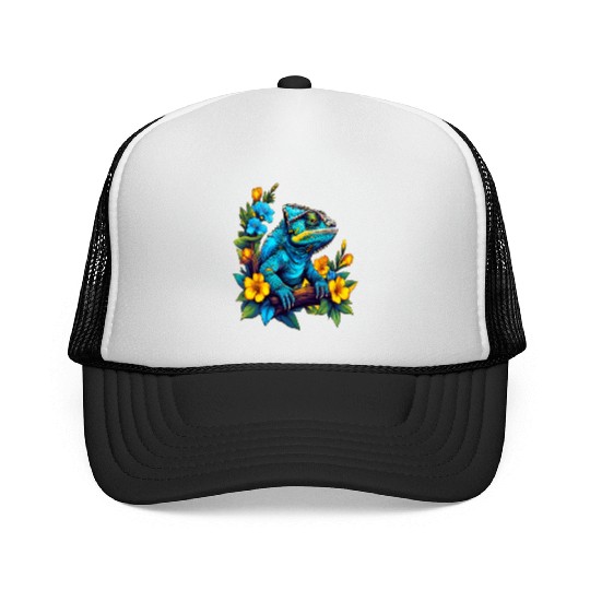 Chameleon Sitting on Branch Surrounded by Flowers Trucker Caps