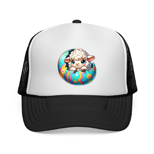 Colorful Lamb Hatching from Easter Egg Cartoon Trucker Caps