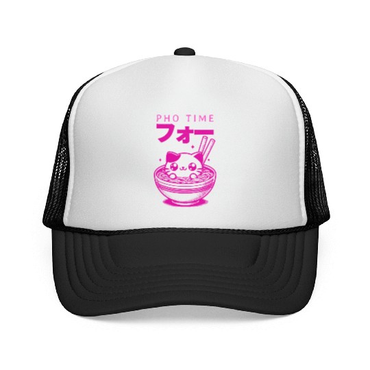 Pho Time Pink Cute Kitten in a Bowl Trucker Caps