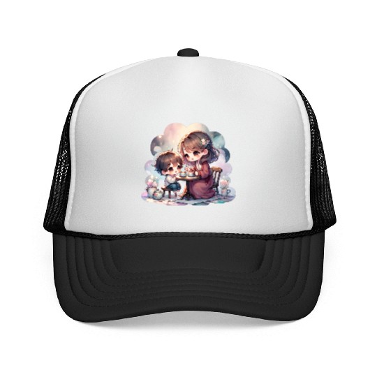 Mother and Son Enjoying a Cozy Tea Party Trucker Caps