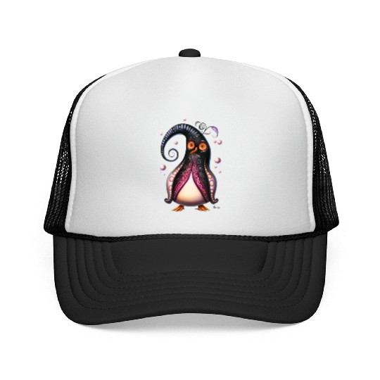 Surreal Swirls: Quirky Penguin in a Magical World Trucker Caps