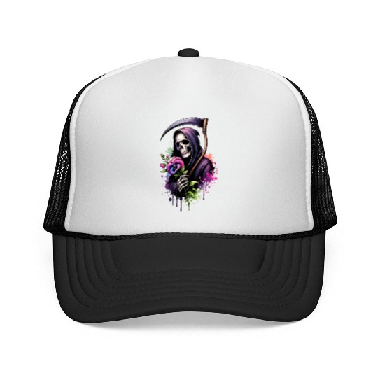 Grim Reaper Holding Sweet Pea flower Trucker Caps