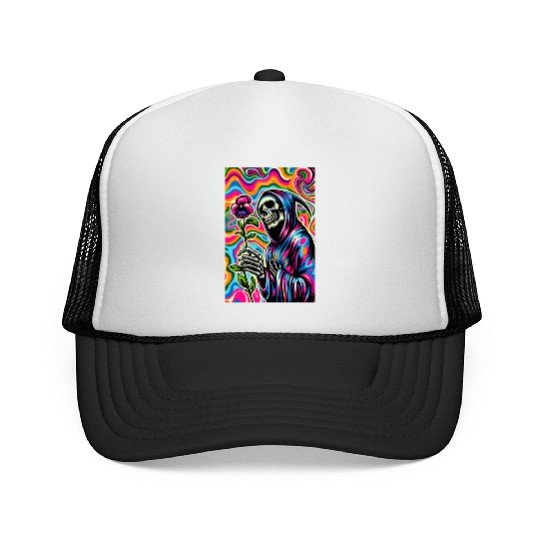 Psychedelic Grim Reaper Holding Sweet Pea Flower Trucker Caps
