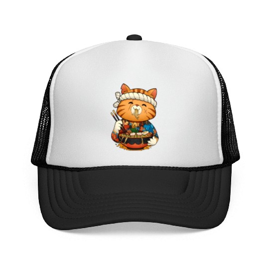 Cute anime cat eating ramen noodles Trucker Caps