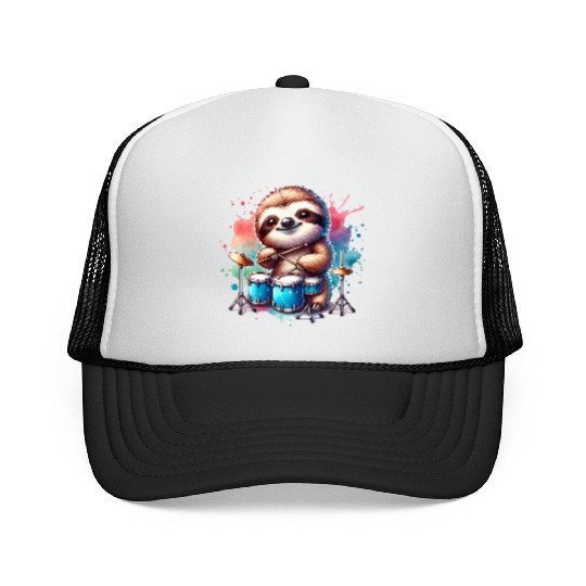 Cool Sloth Drummer Lazy Beats Design Trucker Caps