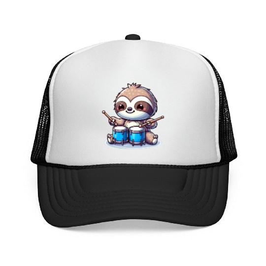 Cool Sloth Drummer Lazy Vibes Design Trucker Caps