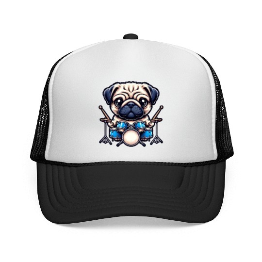 Cool Pug Drummer Puppy Beats Design Trucker Caps