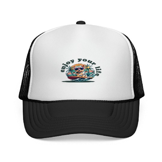 Enjoy Your Life: Yorkie Dog Surfing Premium Cotton Trucker Caps