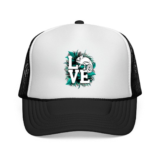 Chameleon Lizard Love Green Teal Text Design Trucker Caps