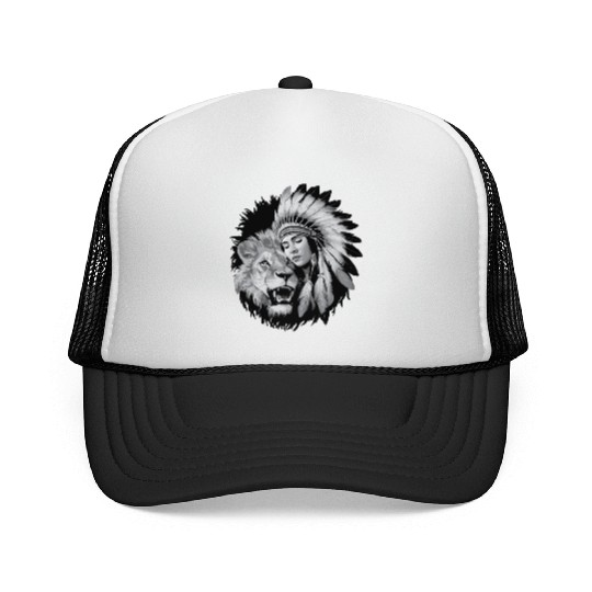 Native American woman and a majestic lion Trucker Caps