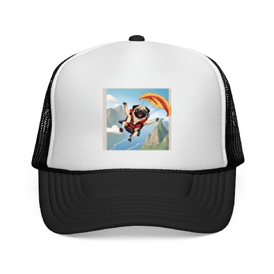 A pug skydiving Trucker Caps