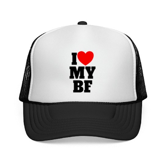 I Love My BF Red Heart Matching Couple Boyfriend Trucker Caps