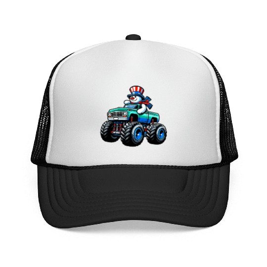 Snowman Riding Monster Truck 4th Of July Independe Trucker Caps