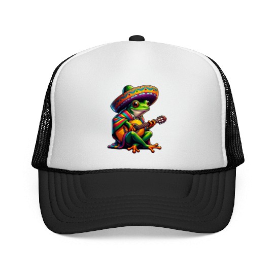Cinco de Mayo Frog Mariachi Guitar Trucker Caps