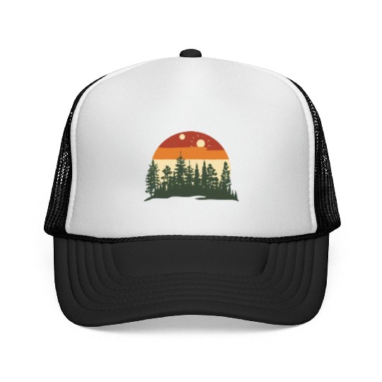 Sunset Silhouette Pine Forest Retreat Trucker Caps