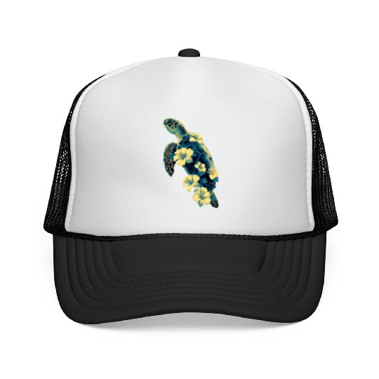 Nature Inspired Floral Sea Turtle with Tropical Fl Trucker Caps