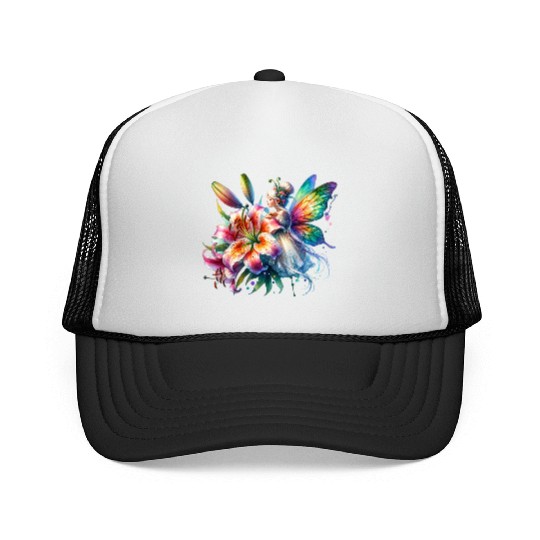 Tiger Lily Fairy Floral Fantasy Watercolor Trucker Caps