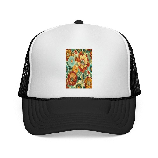 Timeless Blossoms: A Vintage Floral Tapestry Trucker Caps