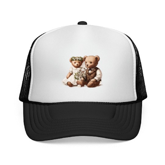 Vintage wedding: teddy bear bride and groom Trucker Caps