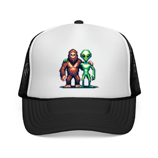 Bigfoot and Alien Friends Pixel Art Trucker Caps