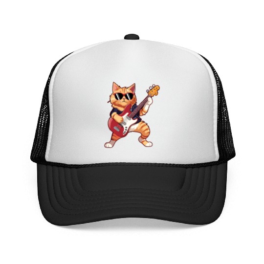 Musician Cat Plays Electric Guitar Instruments Trucker Caps