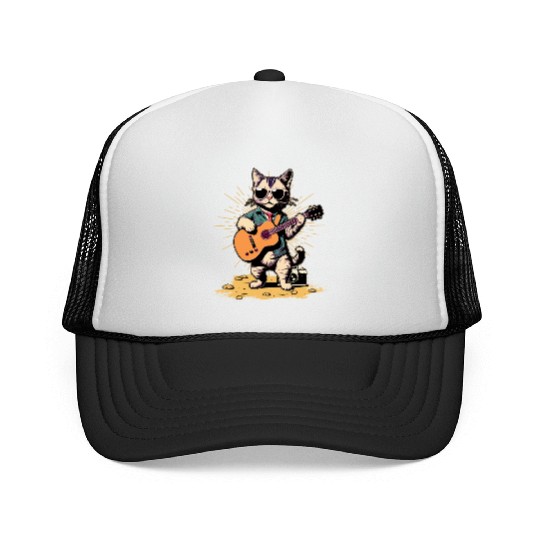 Musician Cat Rocker Acoustic Guitar Instruments Trucker Caps