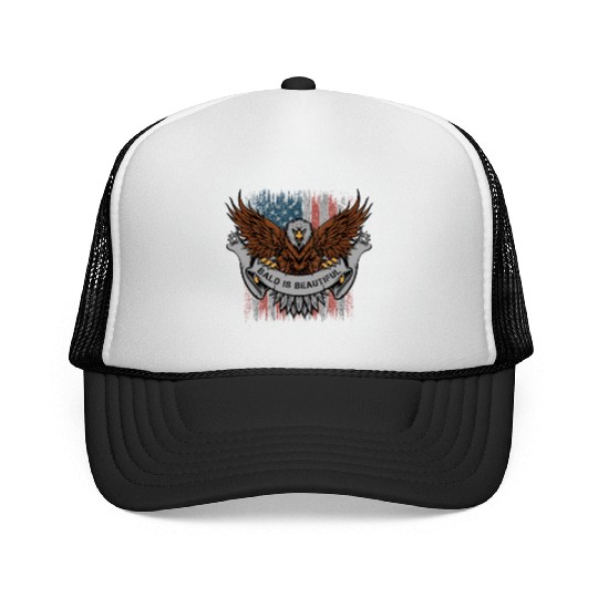 Bald Is Beautiful US Flag 4th Of July Funny Eagle Trucker Caps
